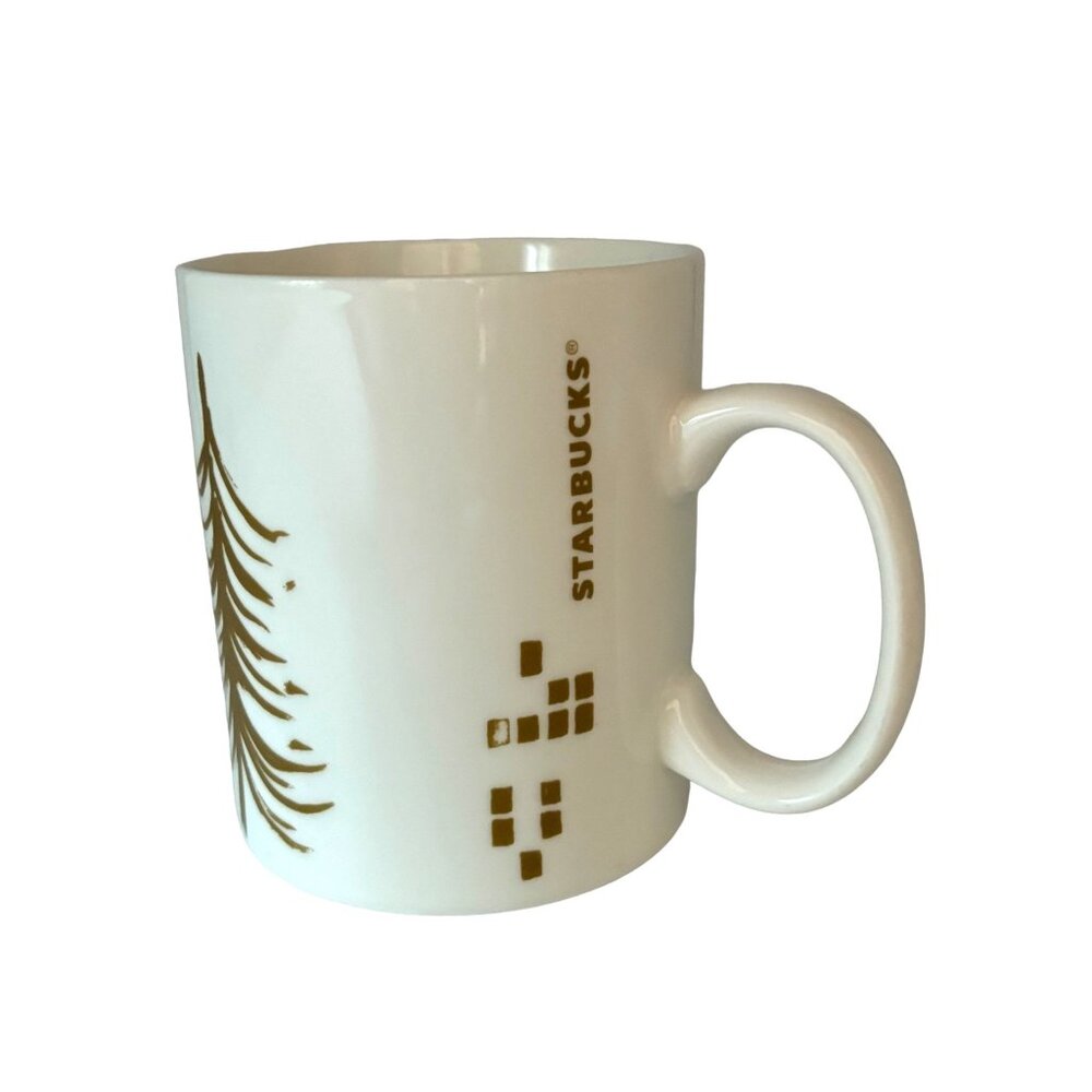 2014 Starbucks White and Gold Christmas Coffee Mug Holiday 16 oz